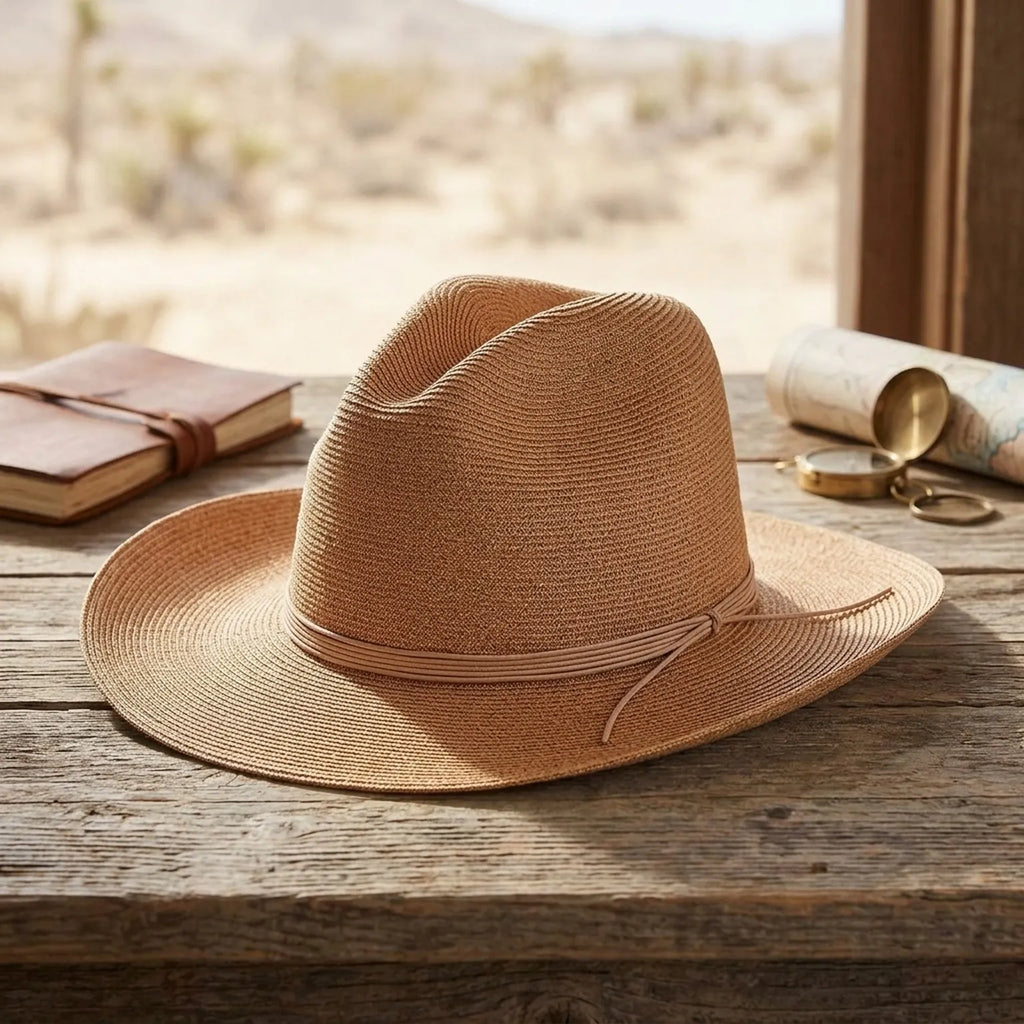 Tan Straw Fedora with Leather Cord Band for Summer Festival Style