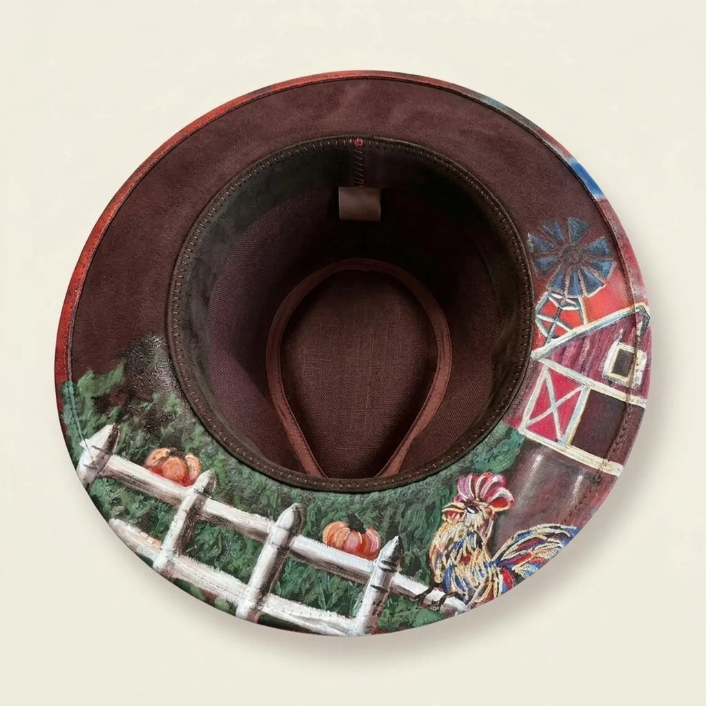 Red Crown Fedora Hat with Hand-Painted Farm Brim Scene