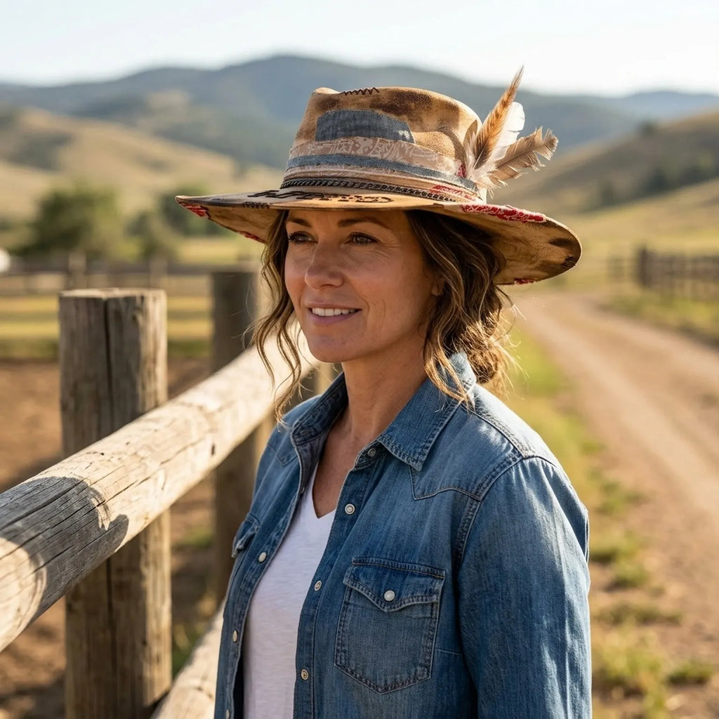 "Wanted" Tan Felt Western Hat with Patchwork Band and Feathers