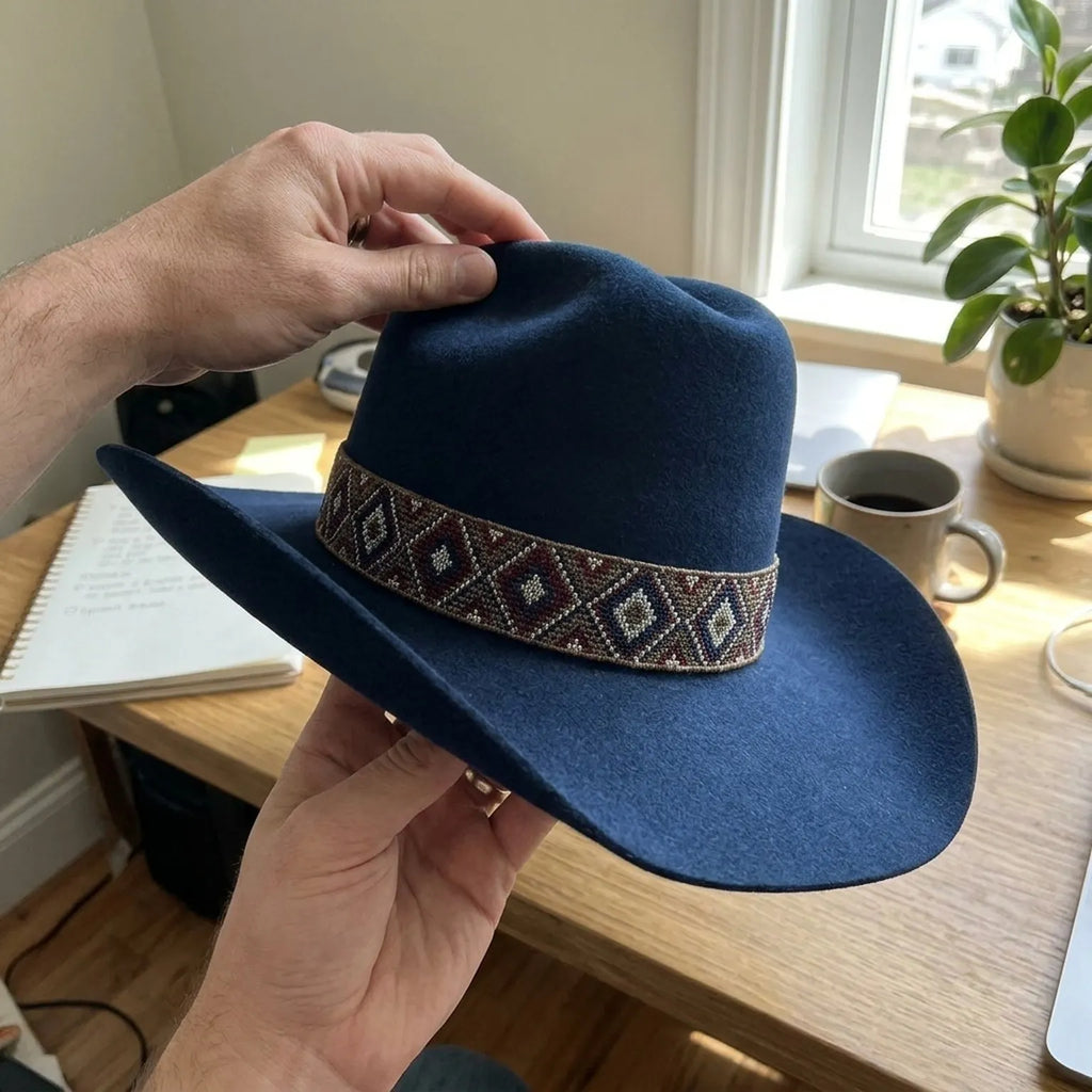 Navy Blue Felt Cowboy Hat With Geometric Woven Band