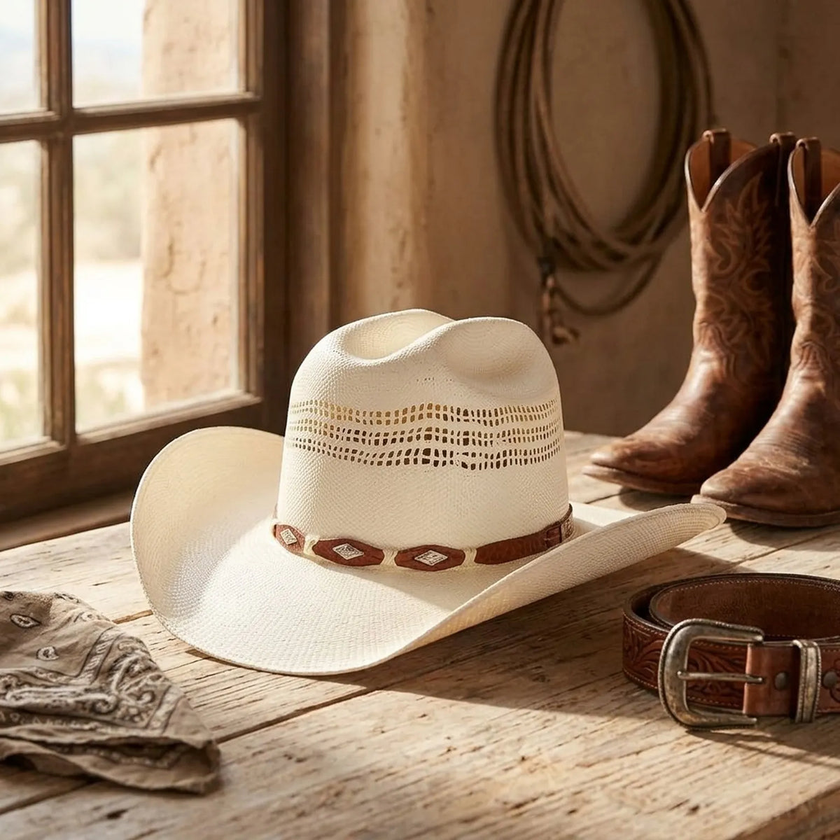 Cream Straw Western Hat with Vented Crown and Diamond Stud Band