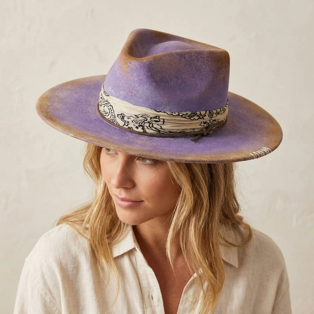 Purple Tie-Dyed Fedora With Patterned Band And Whip-Stitch Brim