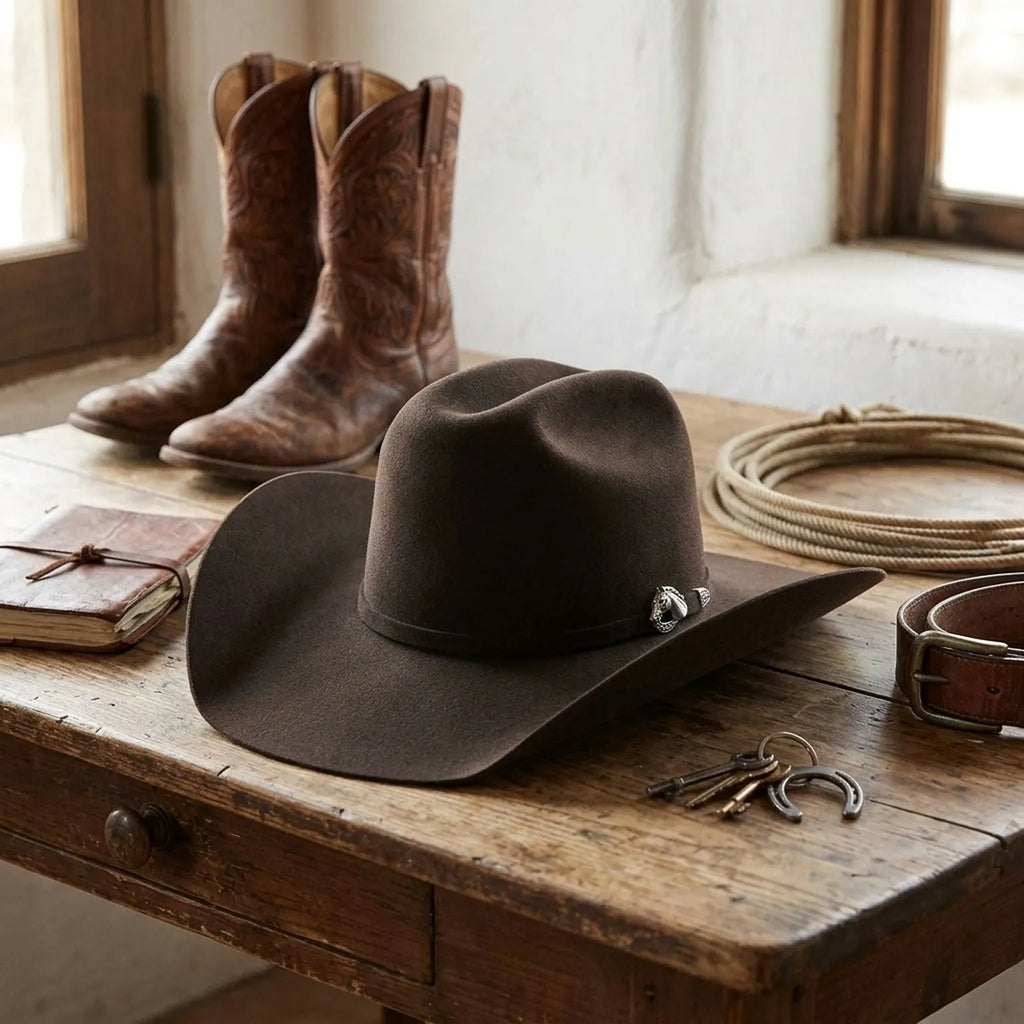 Unisex Dark Brown Wool Felt Cowboy Hat with Silver Charm