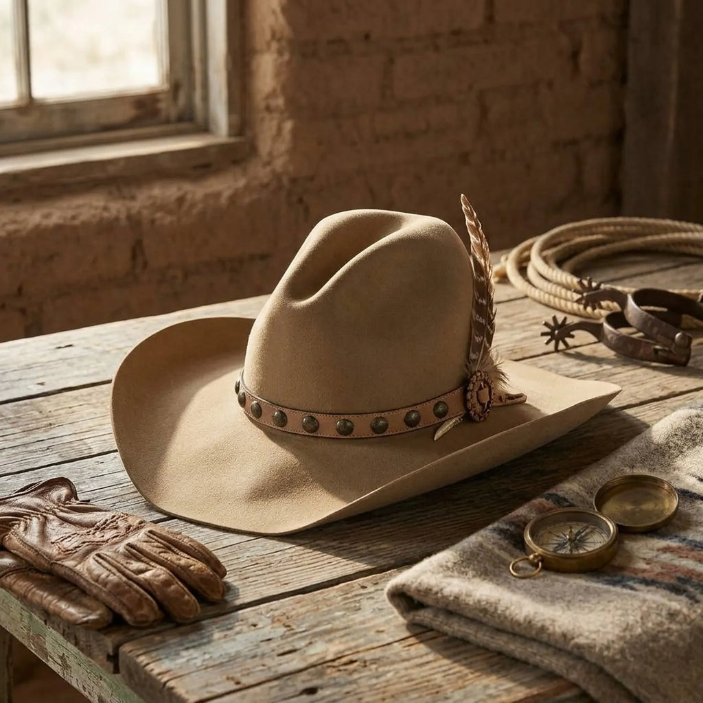 Tan Felt Cowboy Hat with Feather and Studded Leather Band