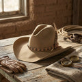 Tan Felt Cowboy Hat with Feather and Studded Leather Band
