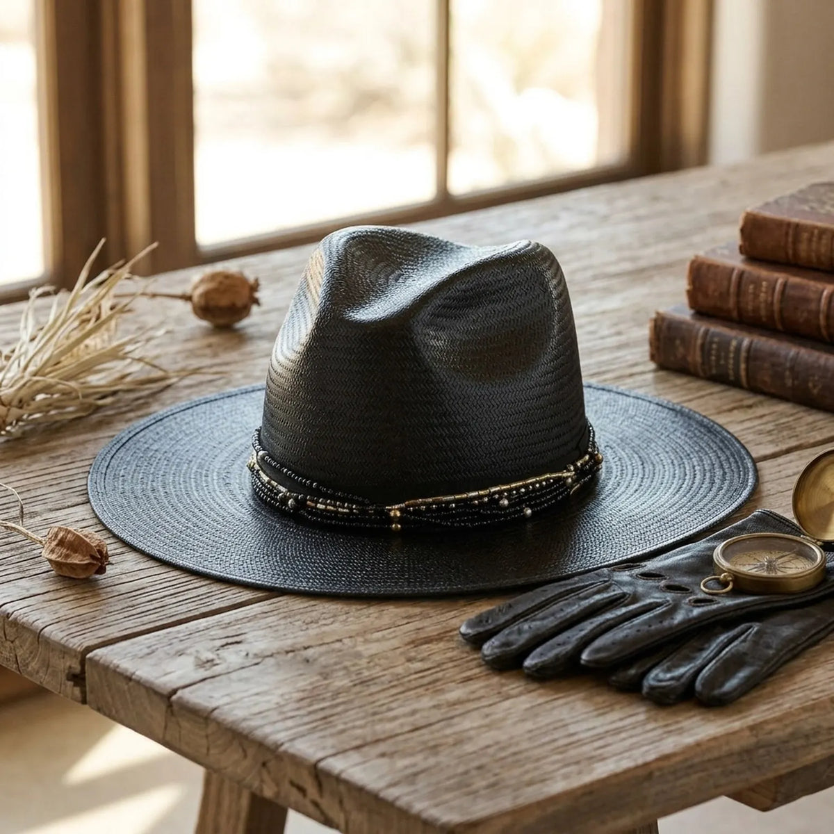 Unisex Black Straw Sun Hat with Beaded Band and Wide Brim