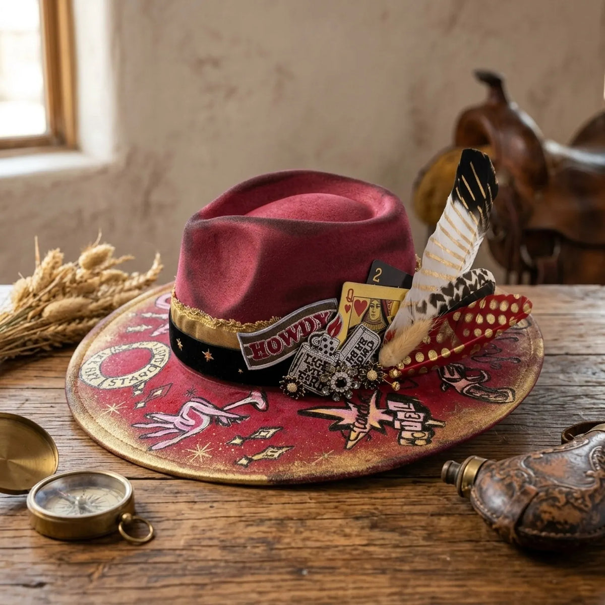 Burgundy Mystic Fedora with Hand-Painted Tarot and Cards