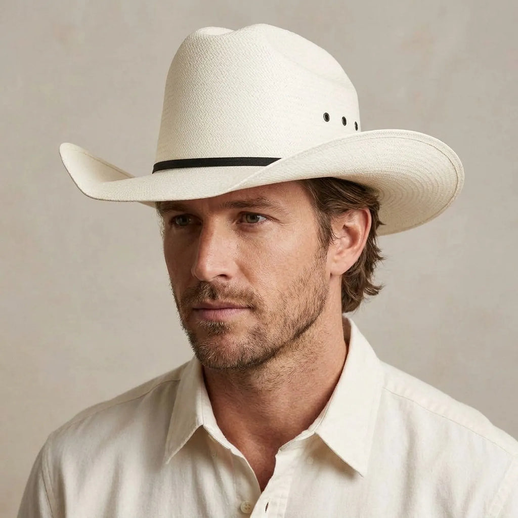 White Straw Cowboy Hat with Pinched Crown and Black Tie Band