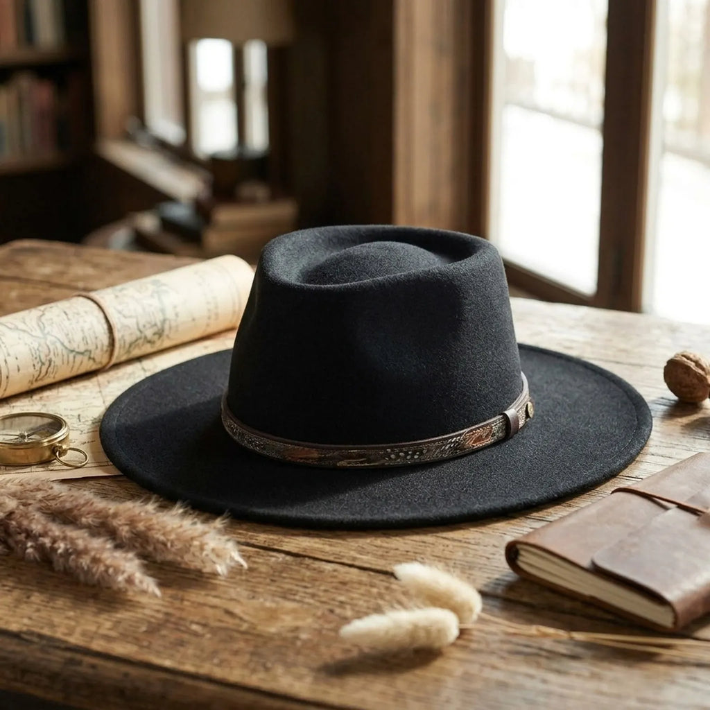 Unisex Black Flat Top Fedora with Feather Leather Band