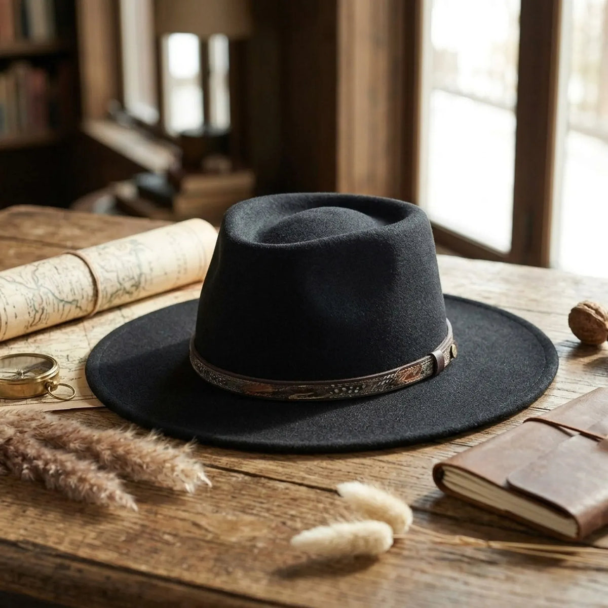 Unisex Black Flat Top Fedora with Feather Leather Band
