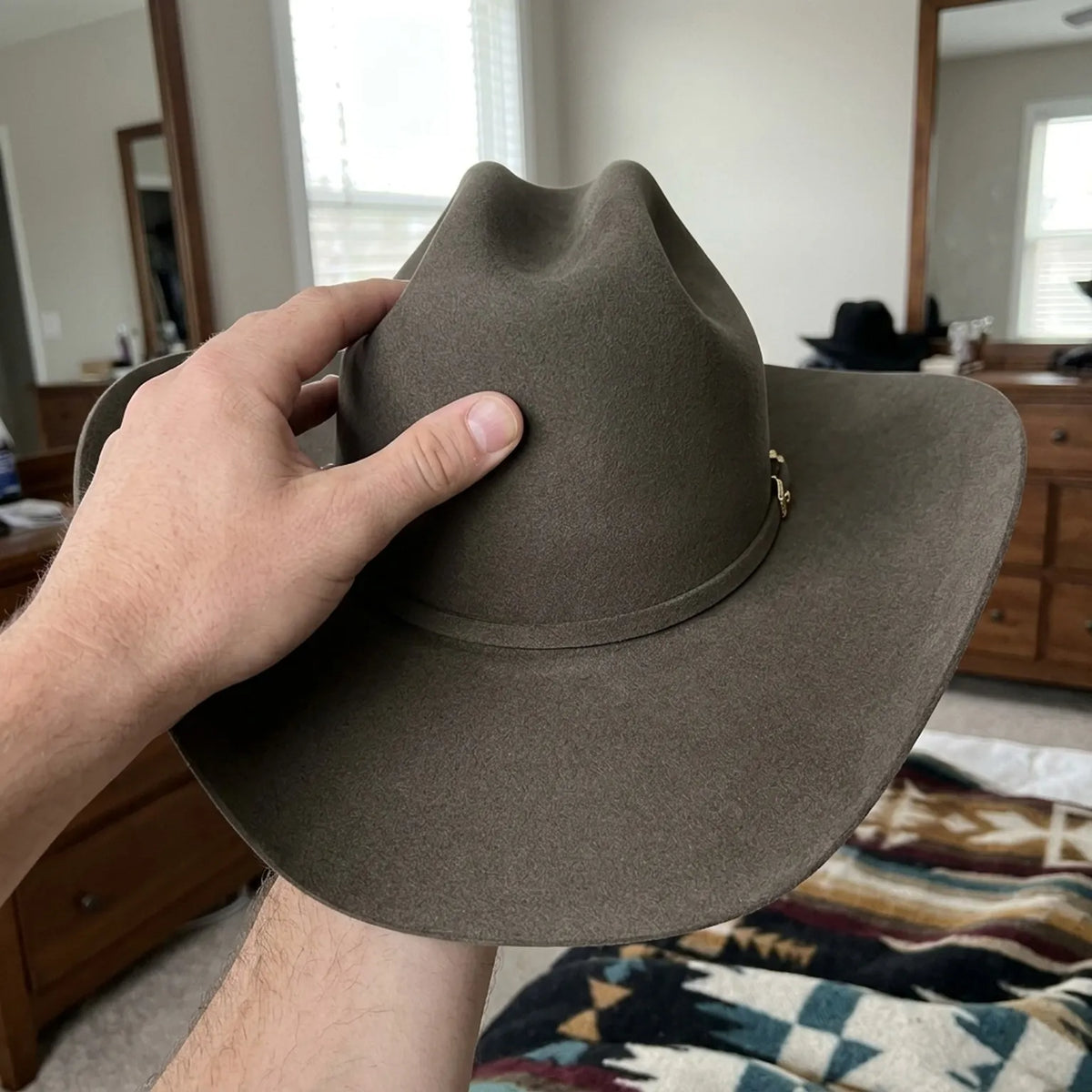 Unisex Olive Wool Felt Cowboy Hat with Pin Accent Detail