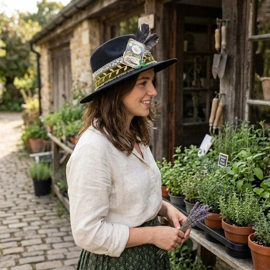 Black Fedora with Velvet Ribbon and Moonflower Seed Packet