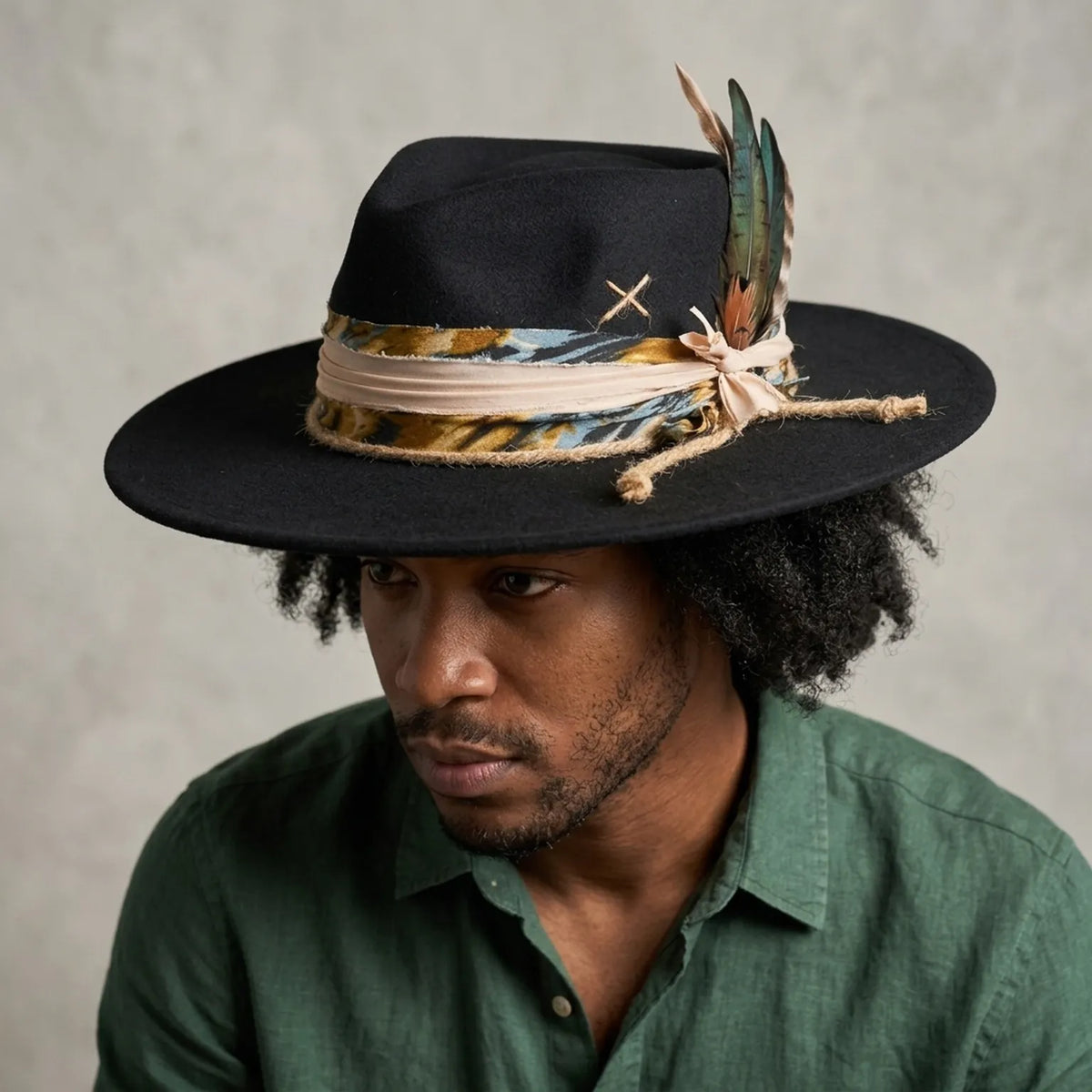 Black Wide Brim Fedora with Ribbon Band and Mixed Feathers