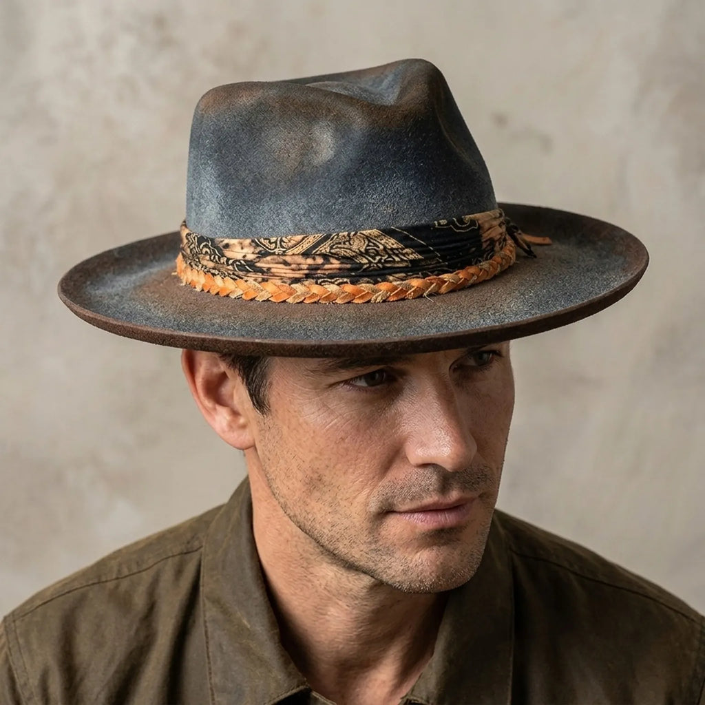 Distressed Gray Felt Fedora Paisley Bandana Orange Braided Cord