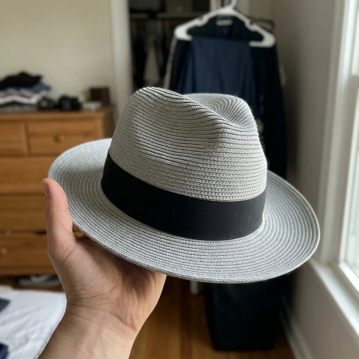 Gray Straw Fedora Hat with Black Ribbon Band for Outdoor Events