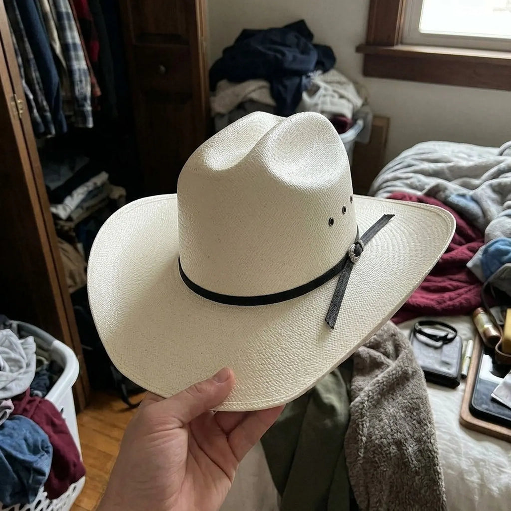 White Straw Cowboy Hat with Pinched Crown and Black Tie Band