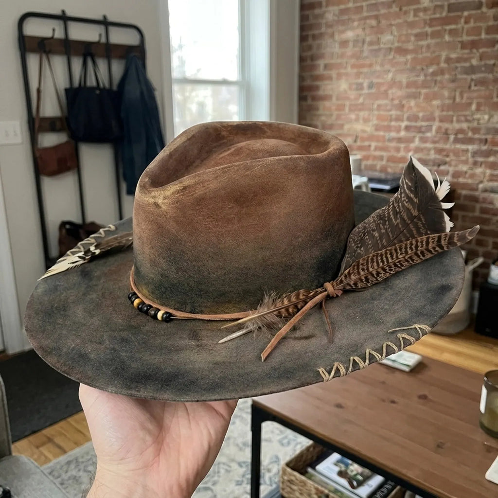 Brown Ombre Felt Hat with Cord Band Beads and Pheasant Feathers