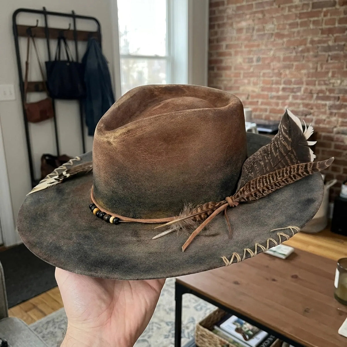 Brown Ombre Felt Hat with Cord Band Beads and Pheasant Feathers