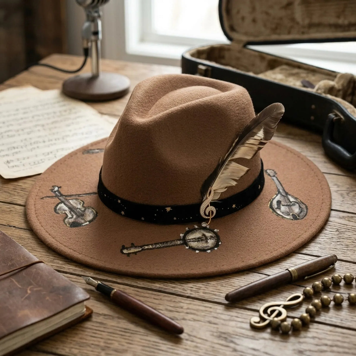 Brown Fedora with Musical Instrument Art, Velvet Band and Feather