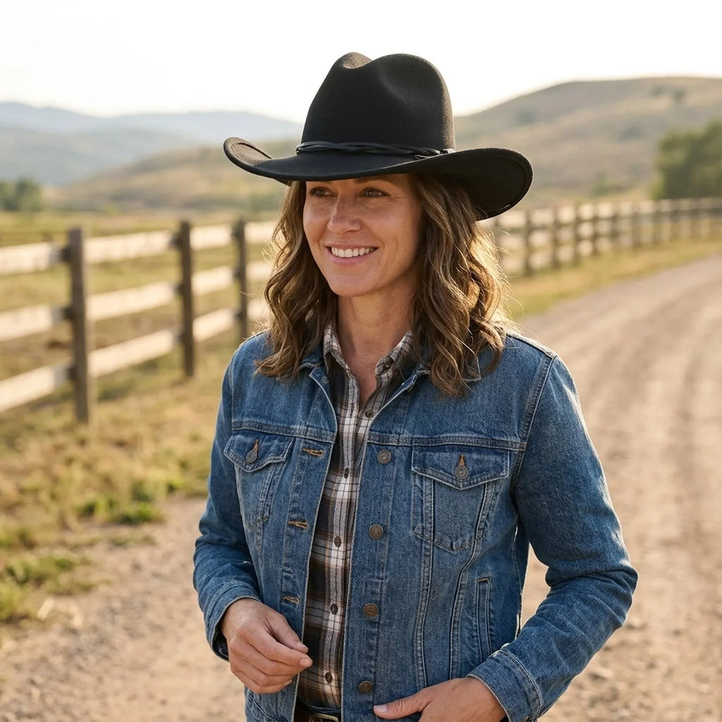 Unisex Black Wool Felt Cowboy Hat with Leather Band