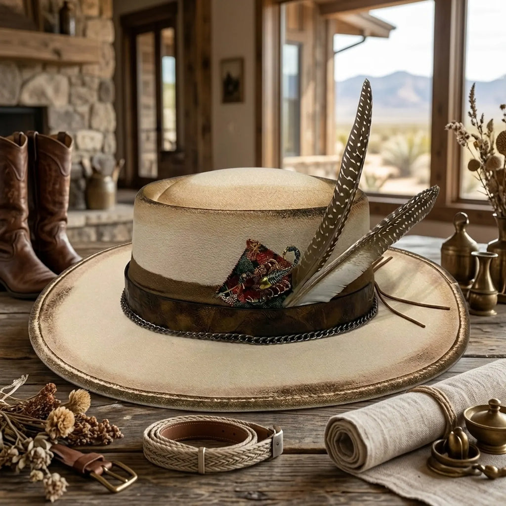 Cream Flat Crown Panama Hat with Leather Band and Feathers