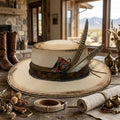 Cream Flat Crown Panama Hat with Leather Band and Feathers
