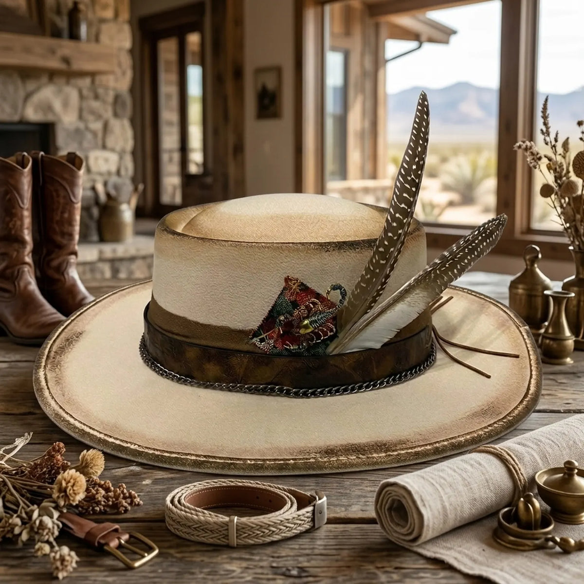 Cream Flat Crown Panama Hat with Leather Band and Feathers