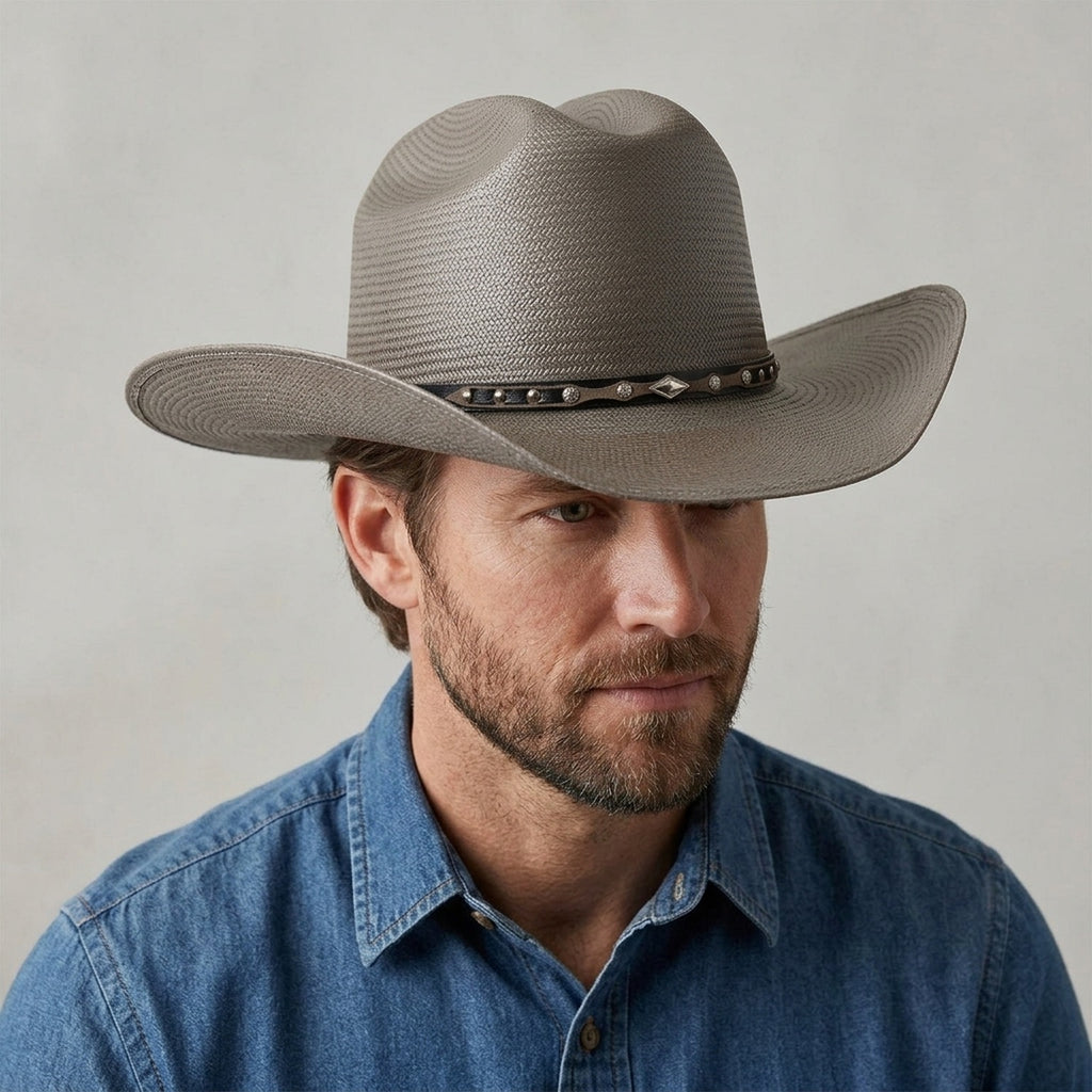 Silver Grey Straw Western Hat with Studded Decorative Band