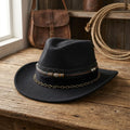 Black Wool Felt Western Fedora with Beaded Chain Band