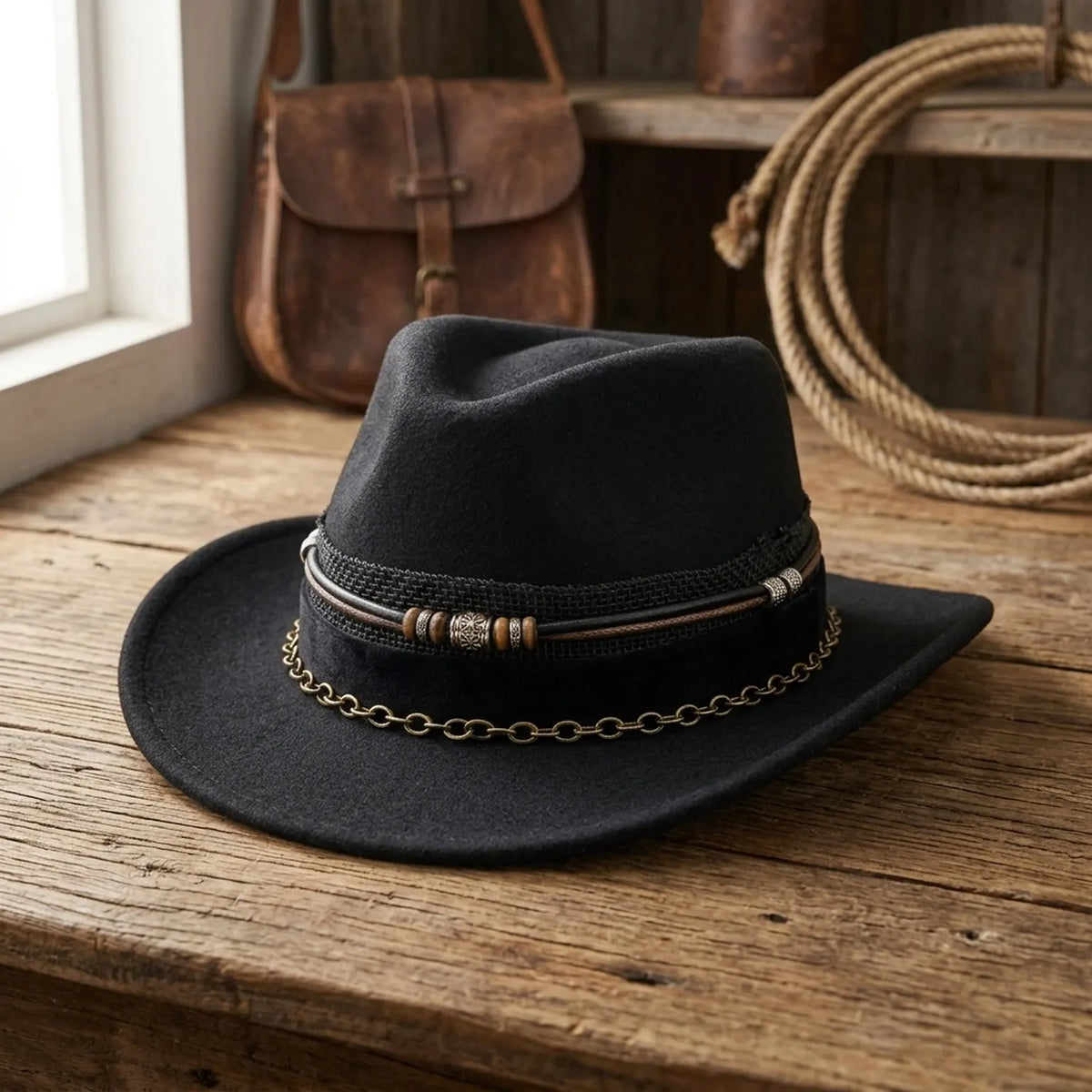 Black Wool Felt Western Fedora with Beaded Chain Band