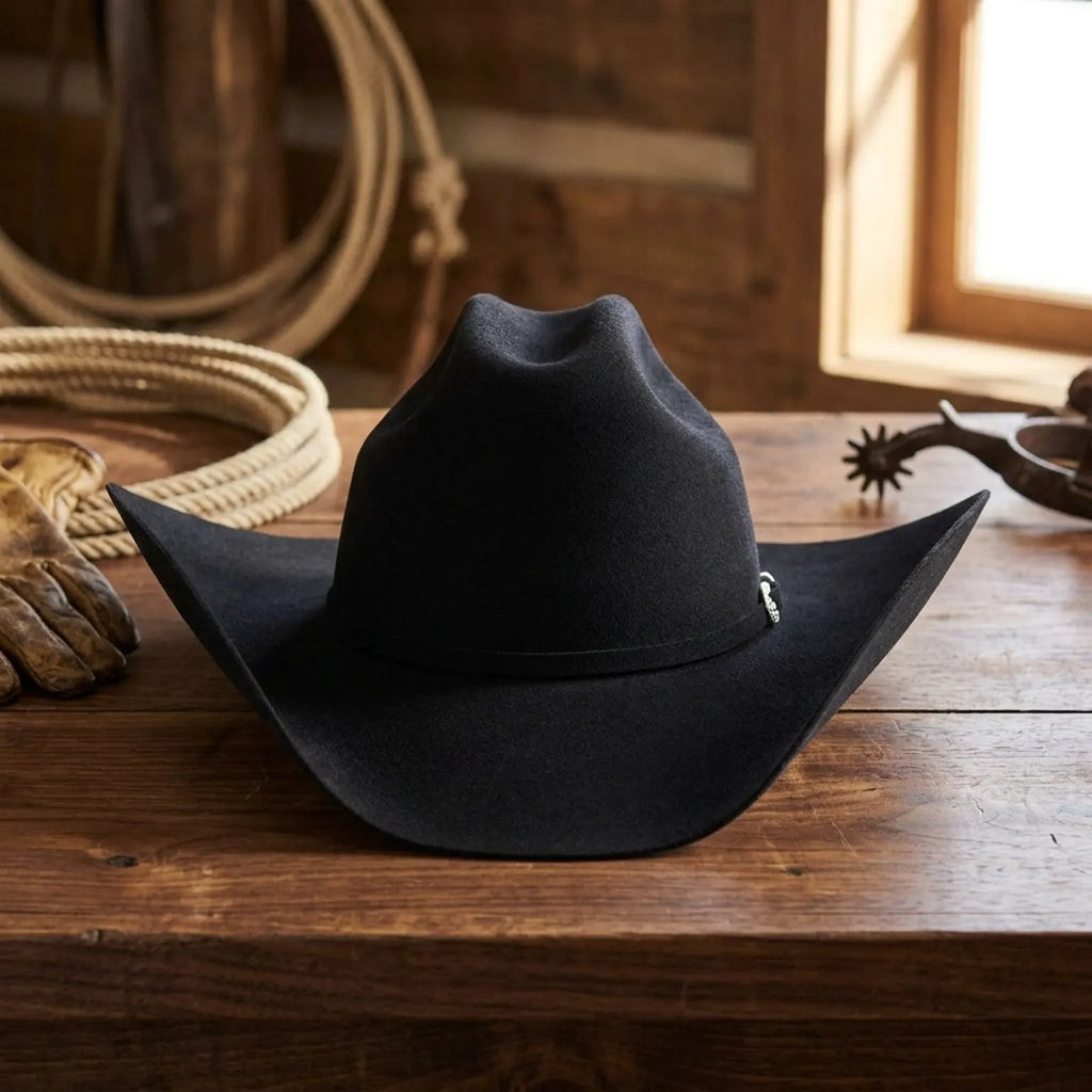 Black Felt Cowboy Hat with Cattleman Crease and Upturned Brim