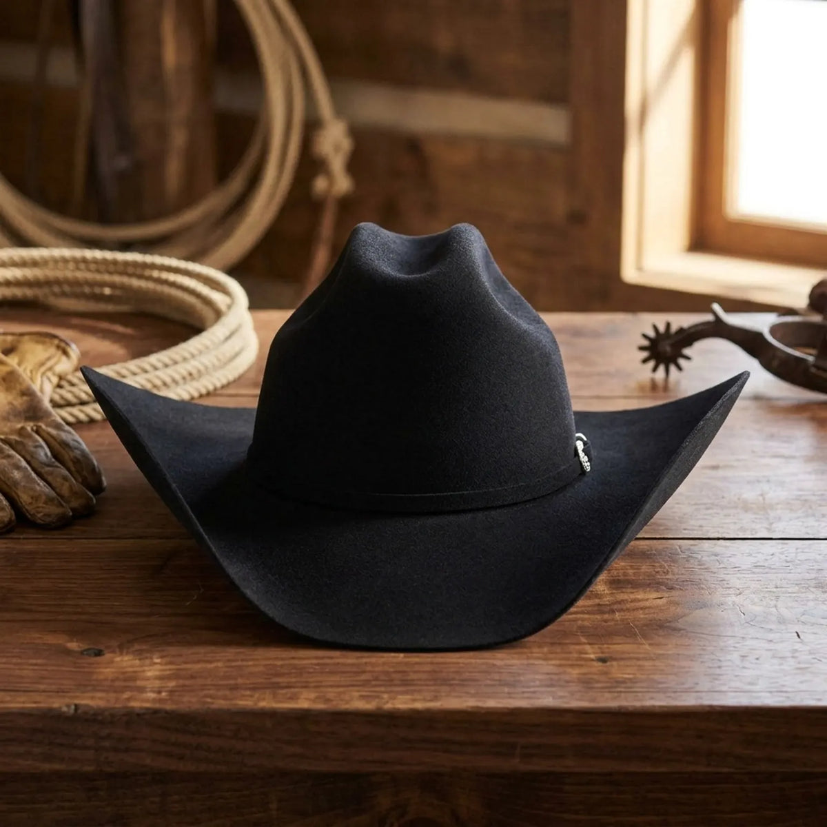 Black Felt Cowboy Hat with Cattleman Crease and Upturned Brim
