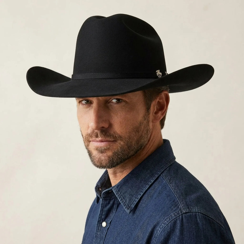 Black Felt Western Hat with Wide Flat Brim and Side Pin Detail
