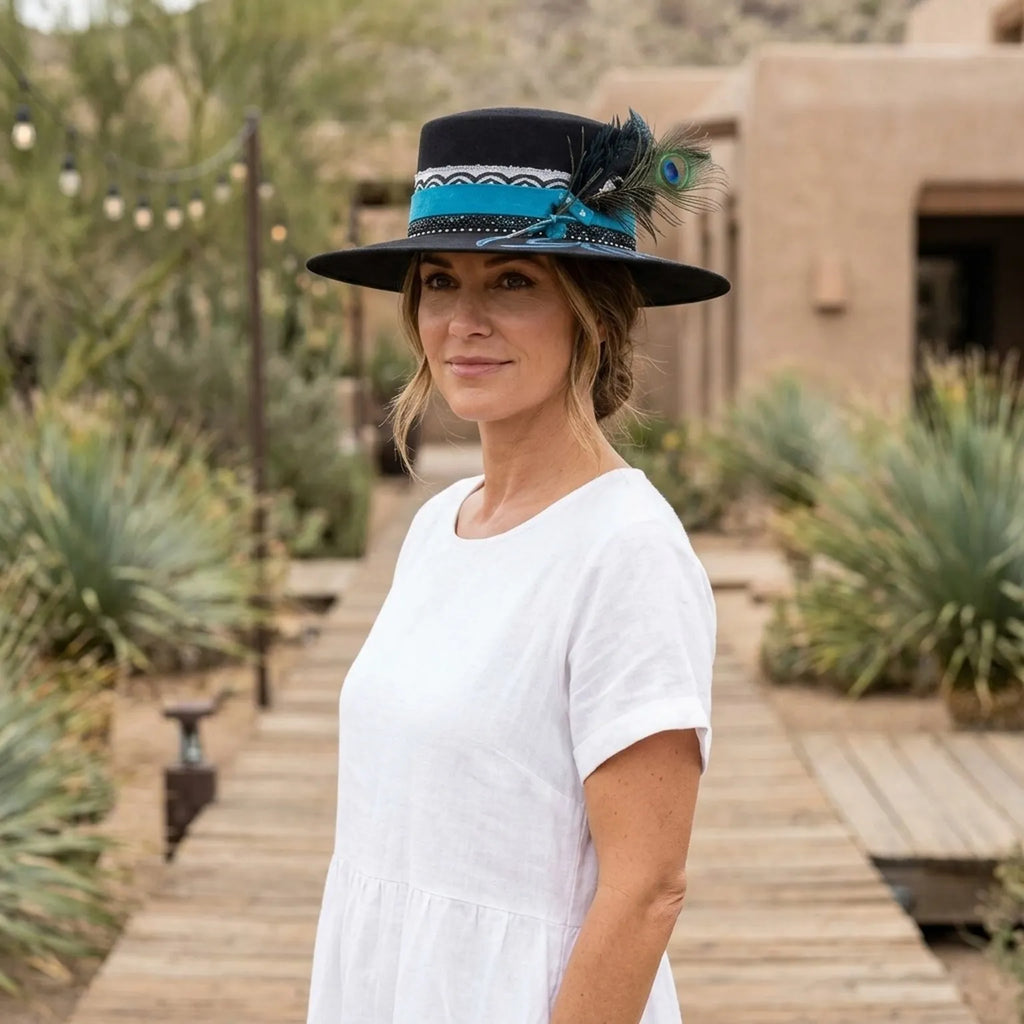Black Wide-Brim Fedora with Peacock Feather and Turquoise Band