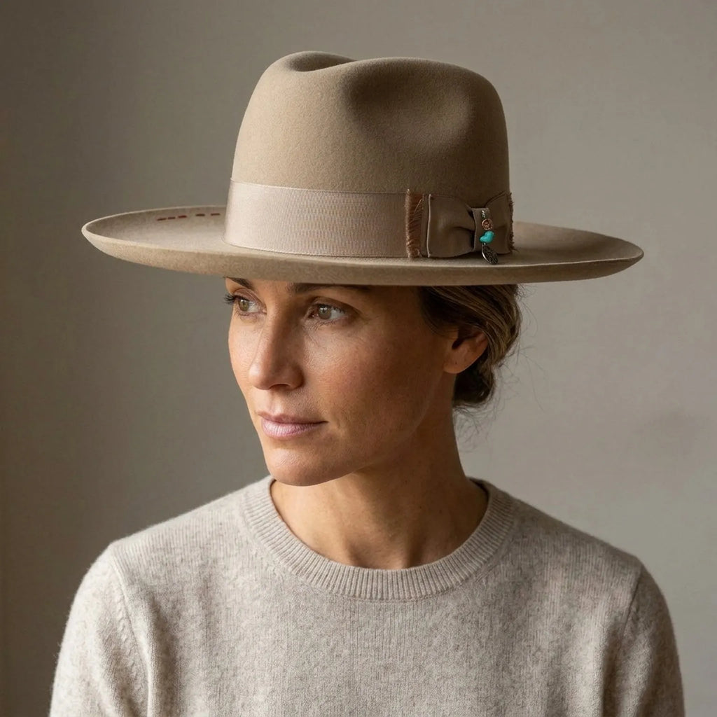 Camel Wool Felt Fedora with Grosgrain Band and Feather Bead Trim