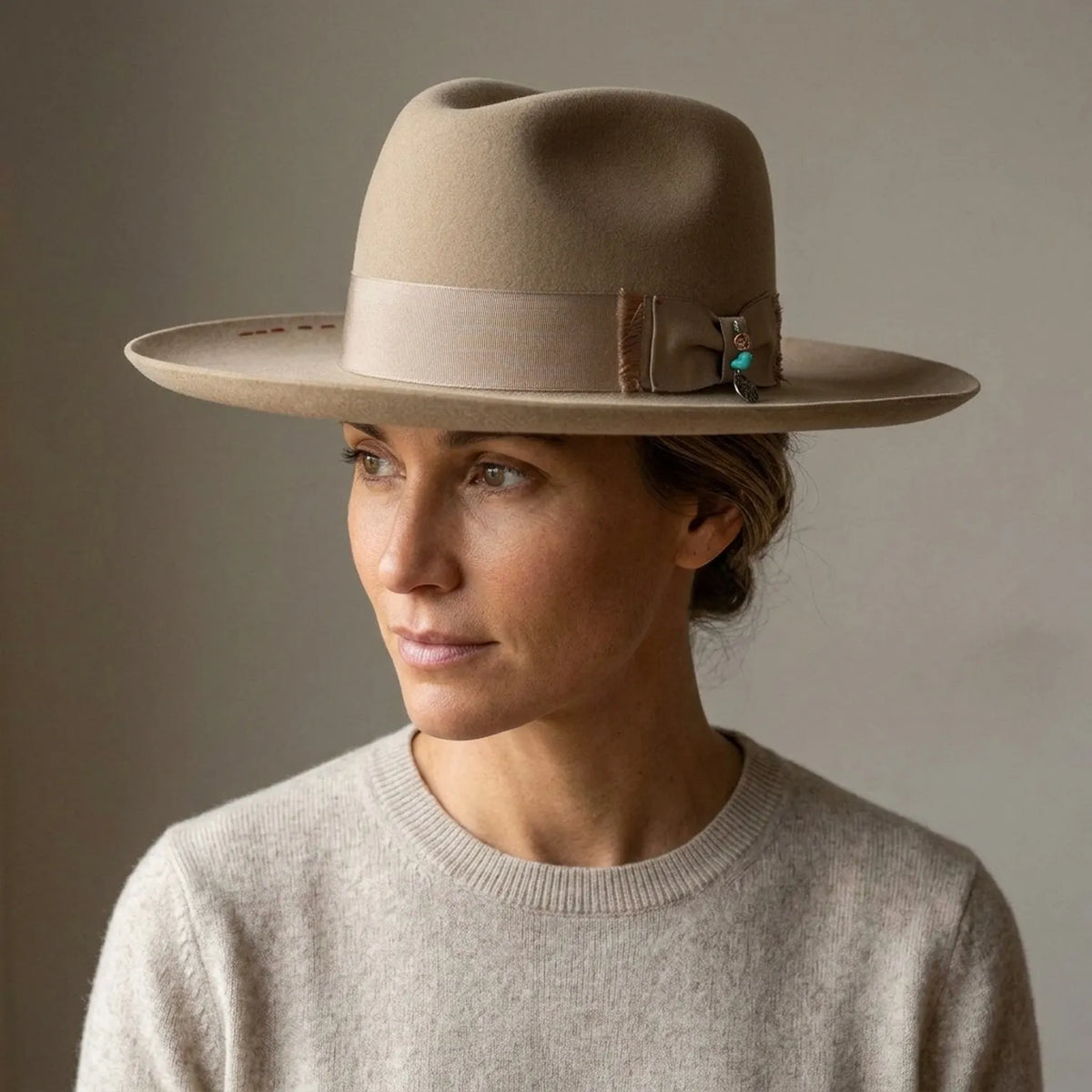 Camel Wool Felt Fedora with Grosgrain Band and Feather Bead Trim