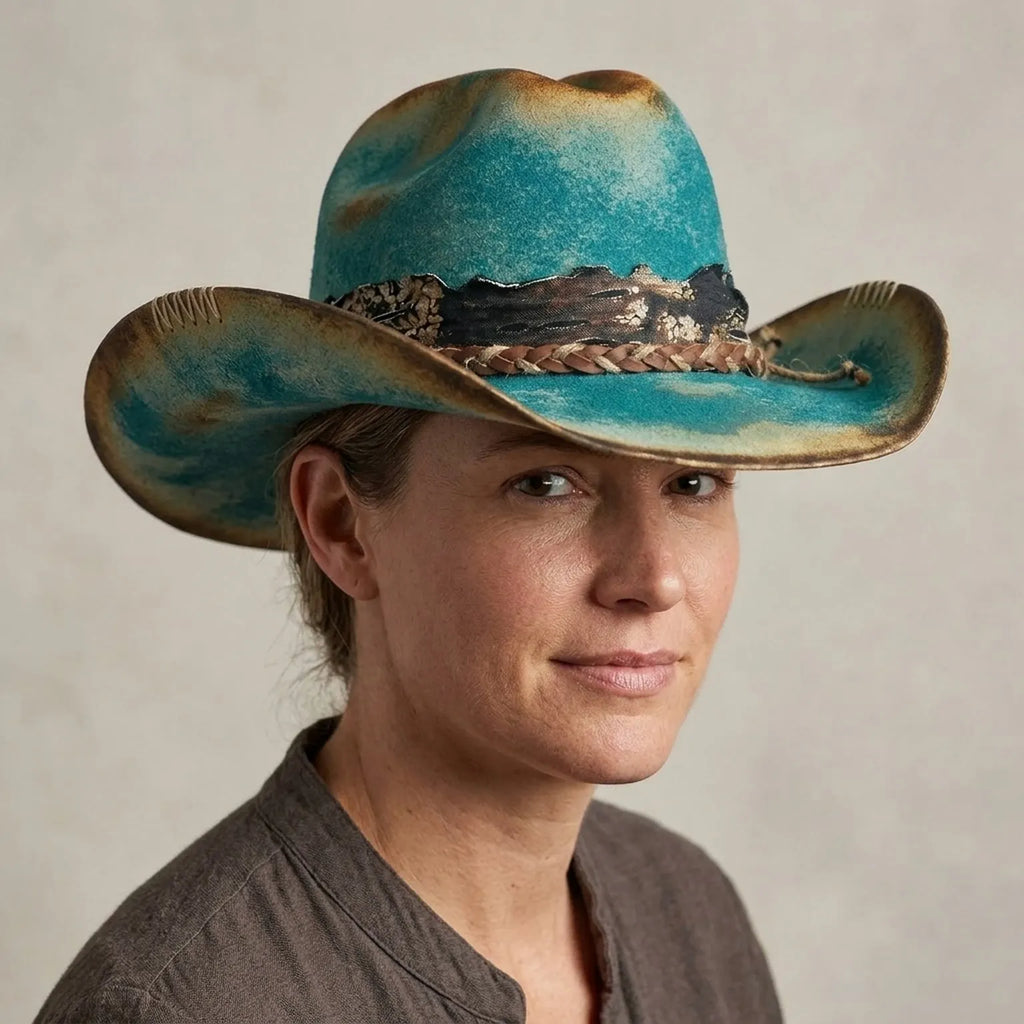 Turquoise Cowboy Hat with Braided Band and White Stitching