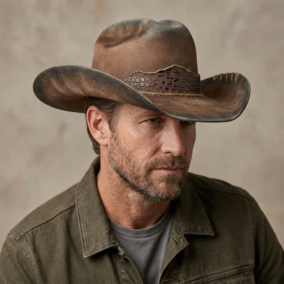Distressed Brown Felt Cowboy Hat with Croc Leather Band