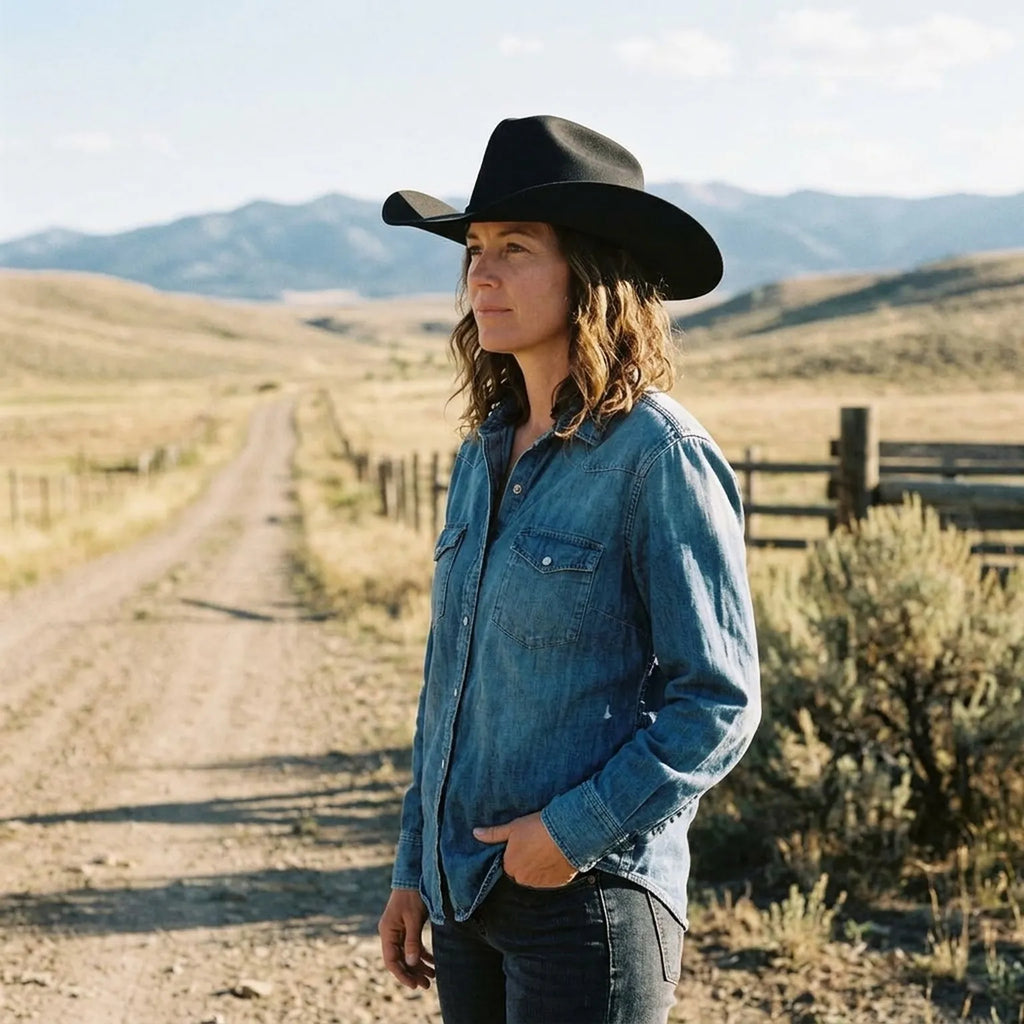 Black Felt Cowboy Hat with Pinched Crown and Wide Curved Brim