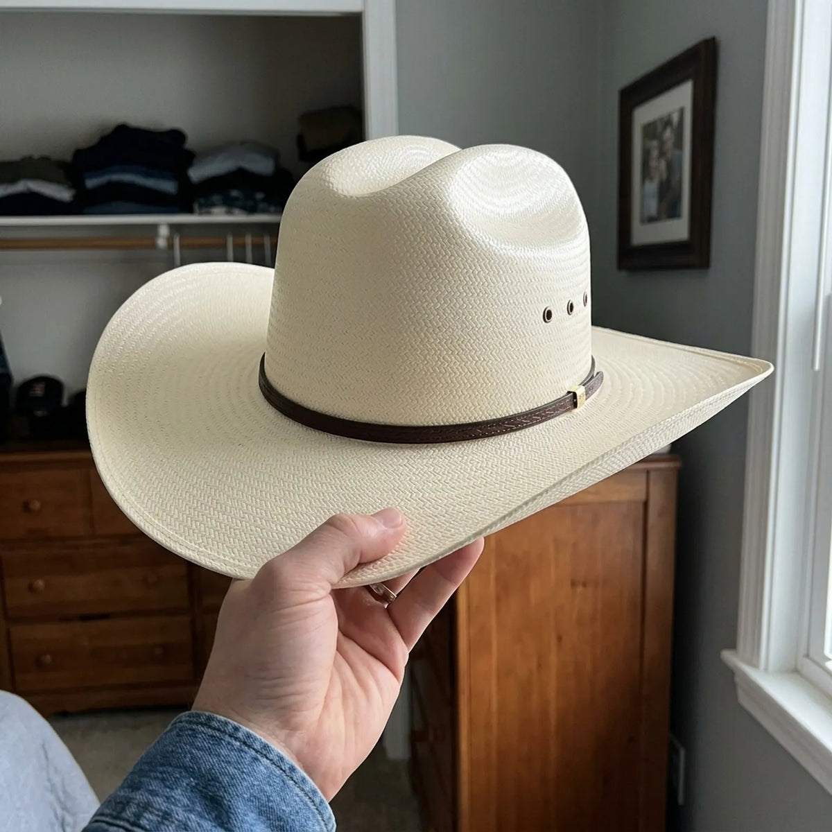 Ivory Straw Western Hat with Brown Leather Band and Detail