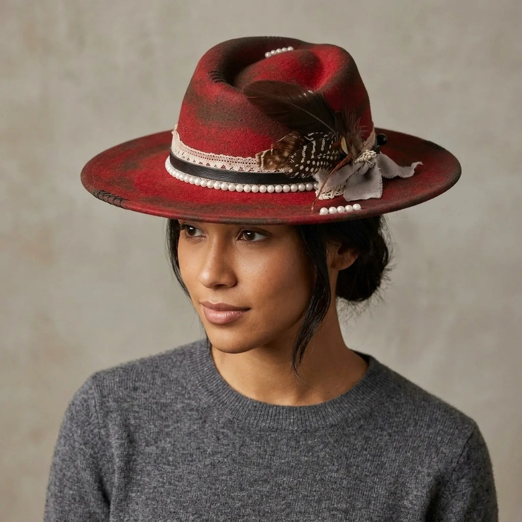 Red Distressed Fedora with Pearl Strands, Lace and Feather Bow