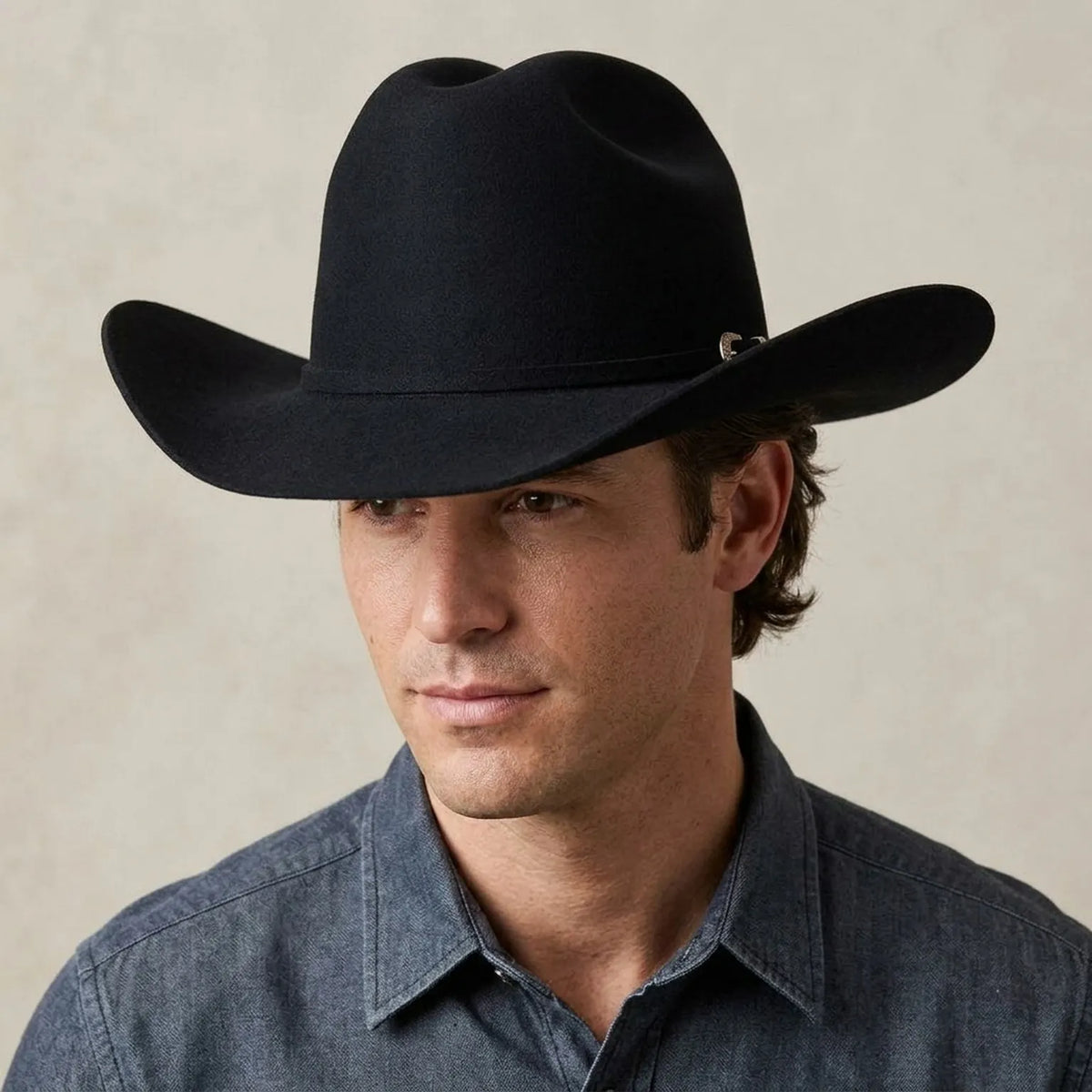 Black Felt Cowboy Hat with Pinched Crown and Wide Curved Brim