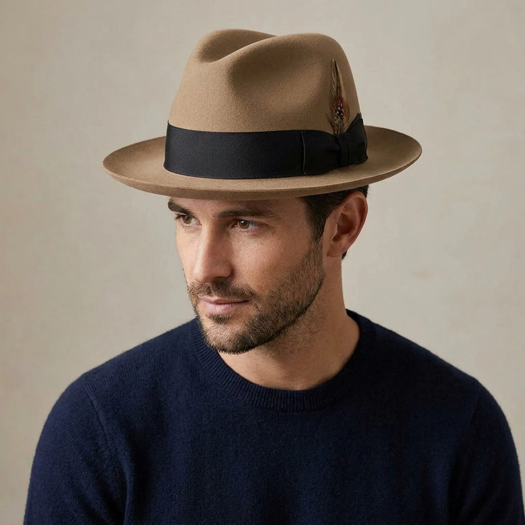 Camel Felt Fedora Hat with Black Grosgrain Band and Pinch Crown