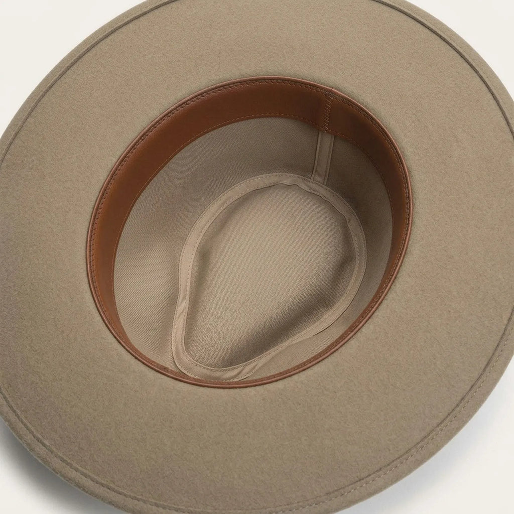 Camel Wool Felt Fedora with Brown Leather Band and Wide Flat Brim