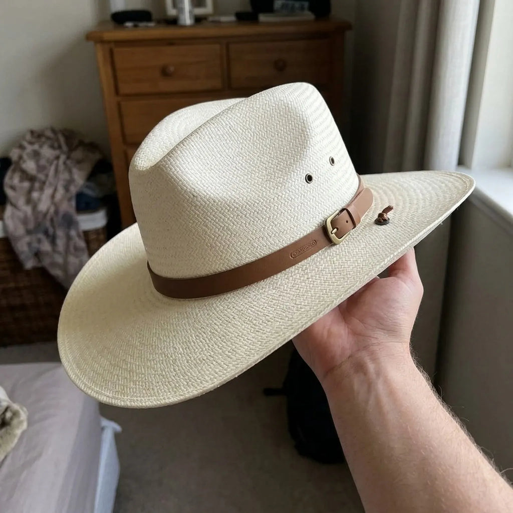 Unisex White Straw Western Hat with Leather Band and Brim Snaps