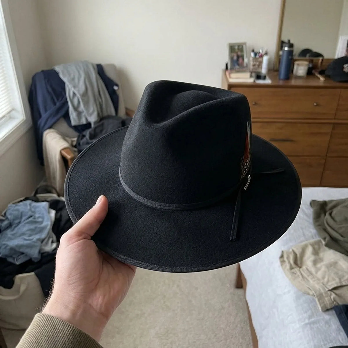 Unisex Black Wool Felt Fedora Hat with Feather Accent Trim