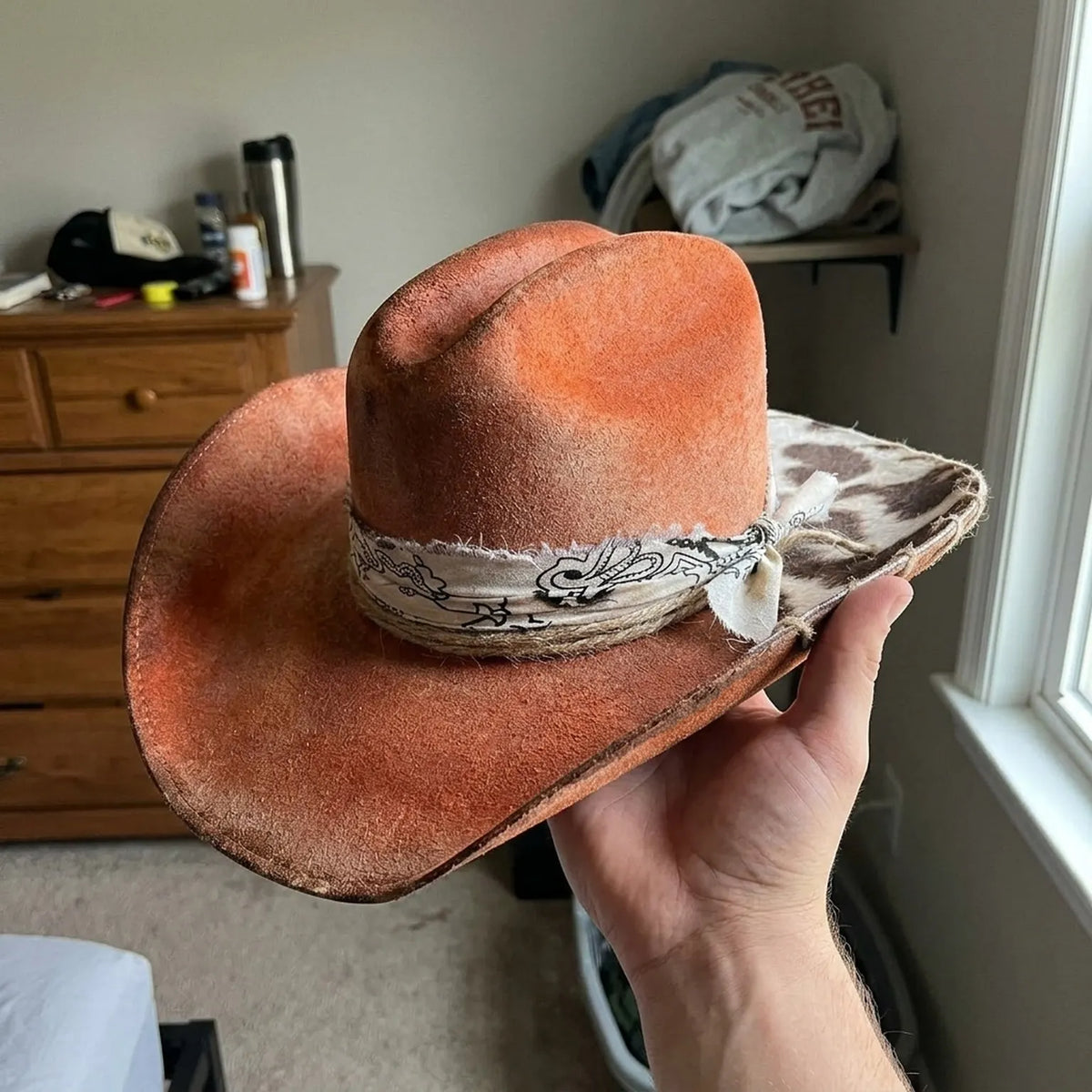 Rust Felt Cowboy Hat with Cow Print Brim and Paisley Bandana