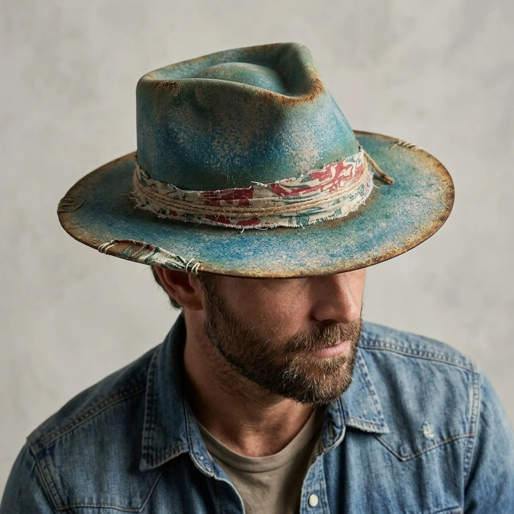 Distressed Teal Felt Western Hat with Patterned Band