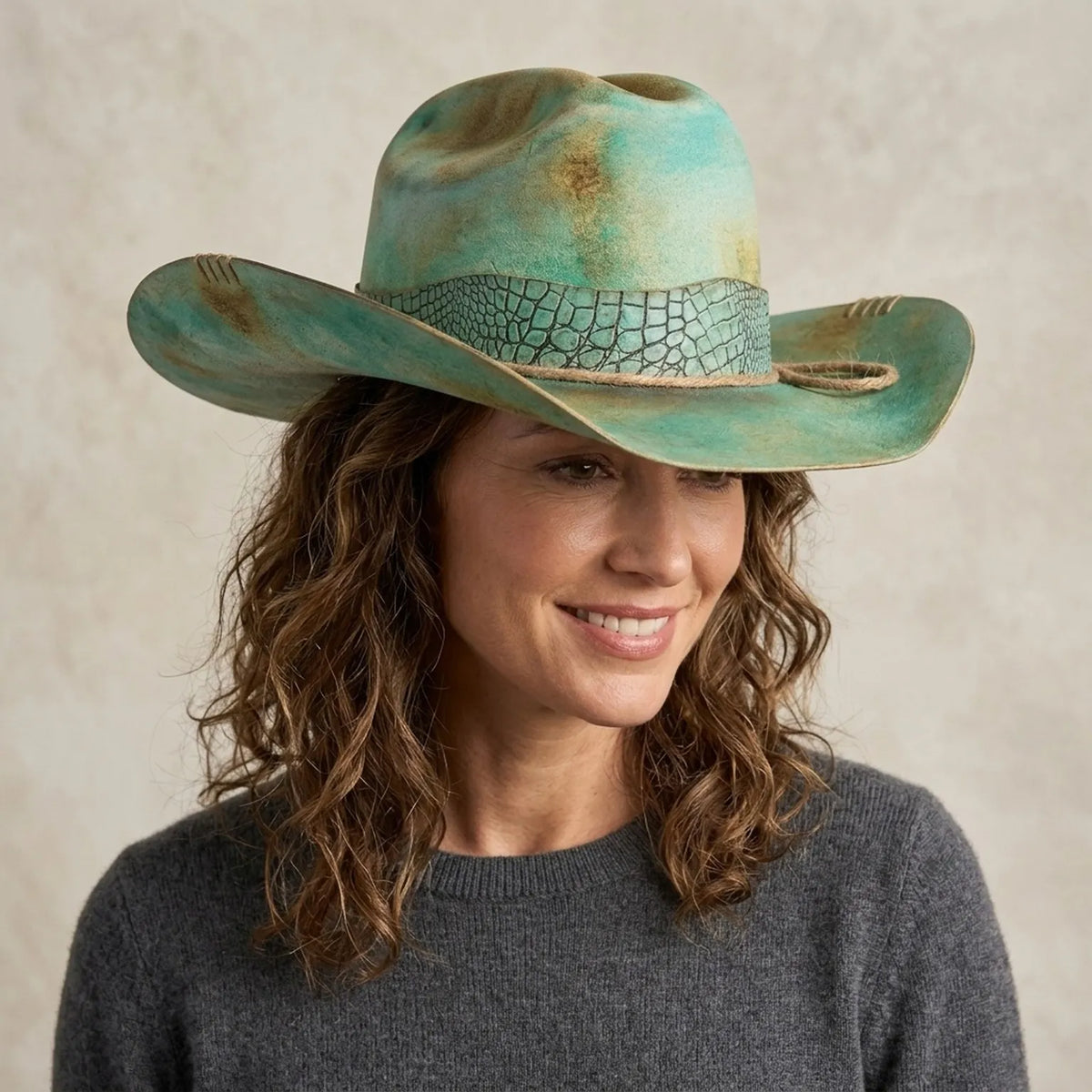 Turquoise Cowboy Hat with Crocodile Print Band and Rope Tie