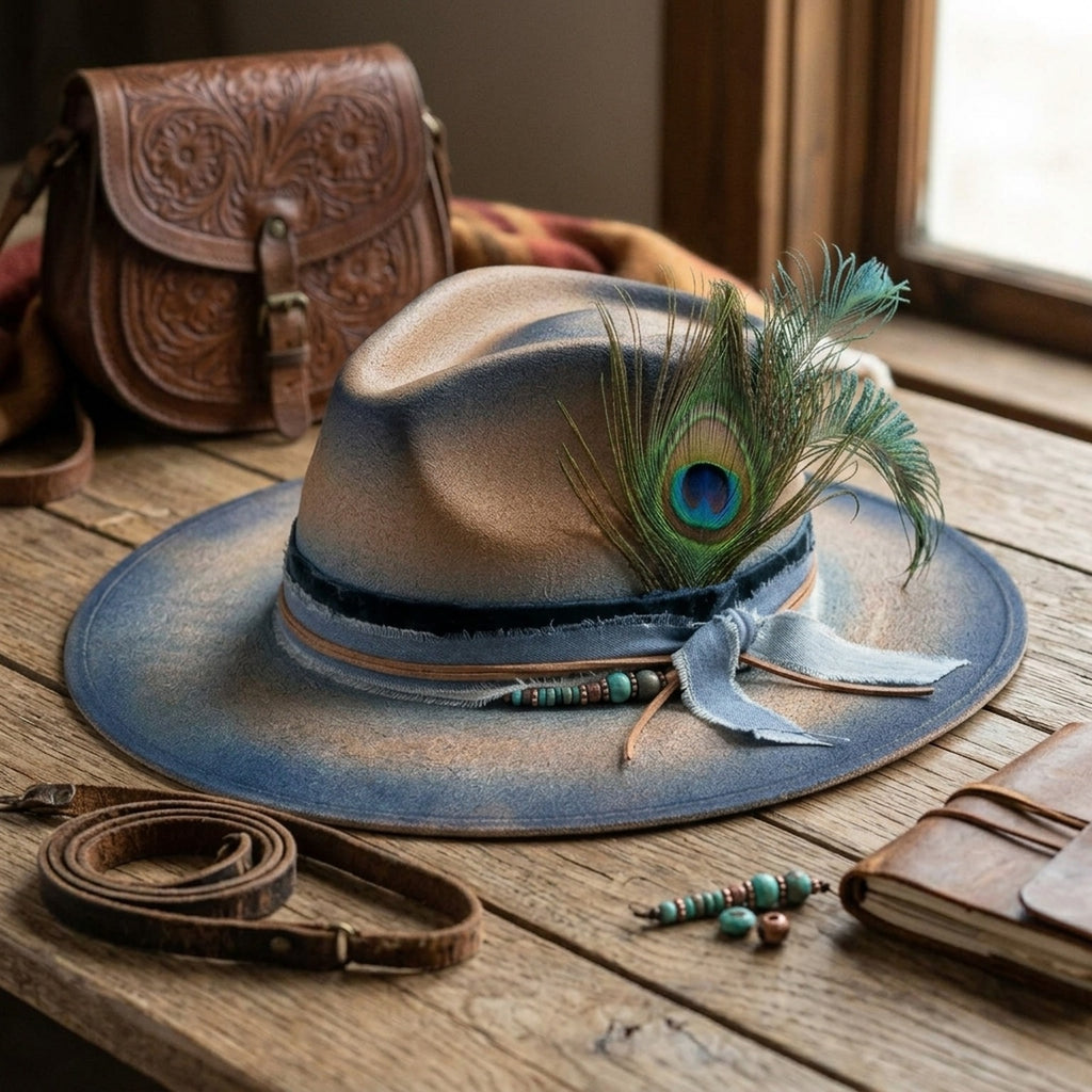Tan Blue Distressed Felt Fedora with Peacock Feather Suede Bow